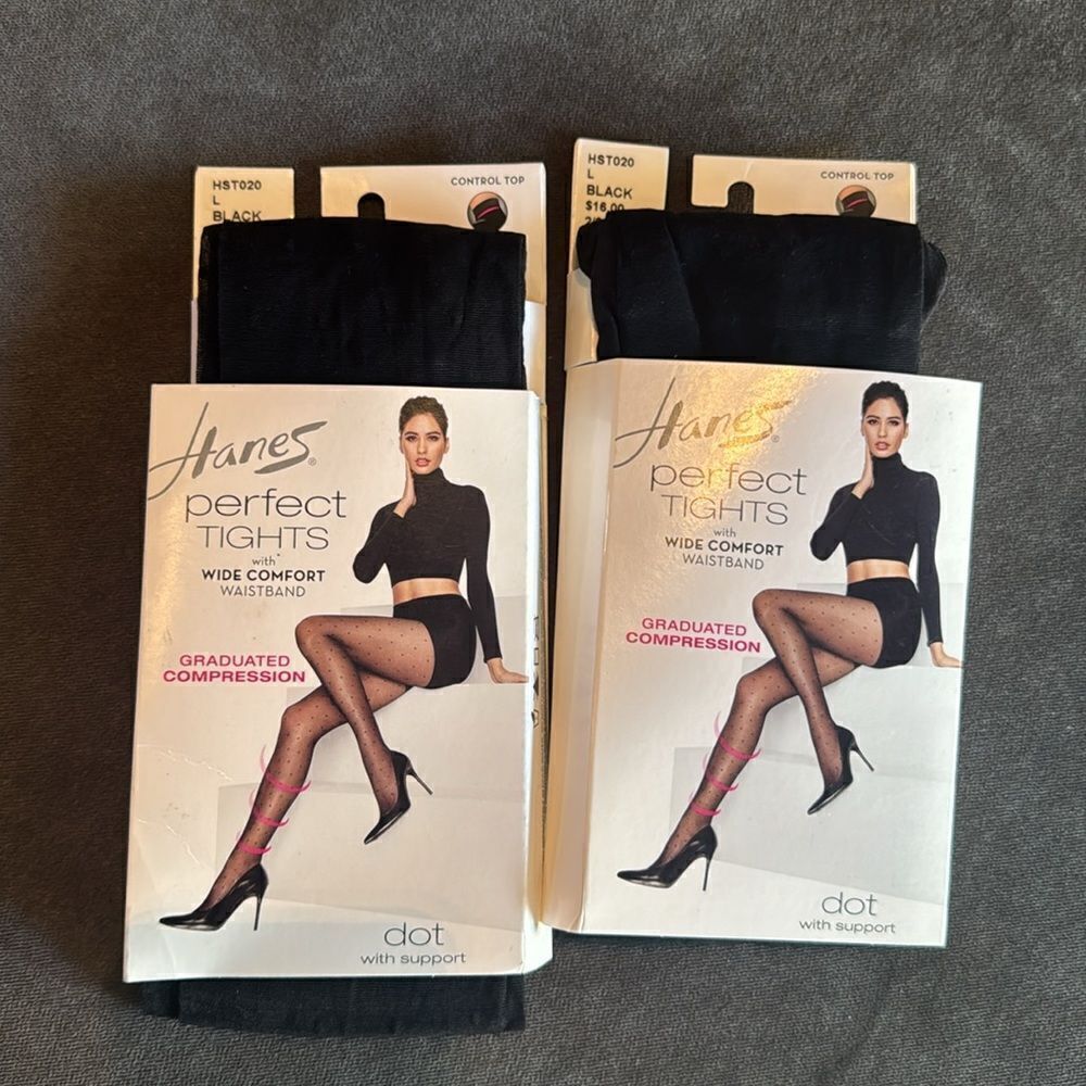 Hanes Perfect Tights ControlTop Graduated Compression Black Diamond Size L x2